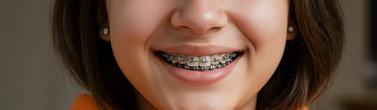 Smile with metal braces on the upper and lower teeth